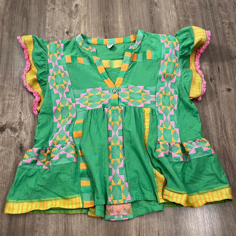 Ivy Jane Blouse Green Embroidered Ruffle Fringe Boho Women XL